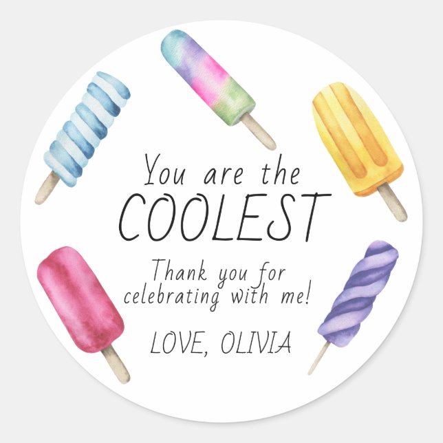 Watercolor Summer Popsicle Birthday thank you Classic Round Sticker (Front)