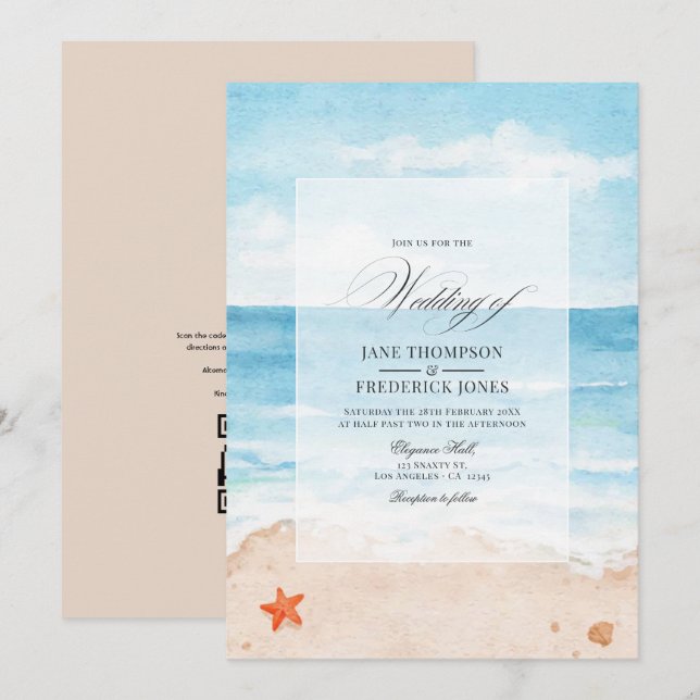Watercolor Summer  QR Code RSVP Beach Wedding Invitation (Front/Back)