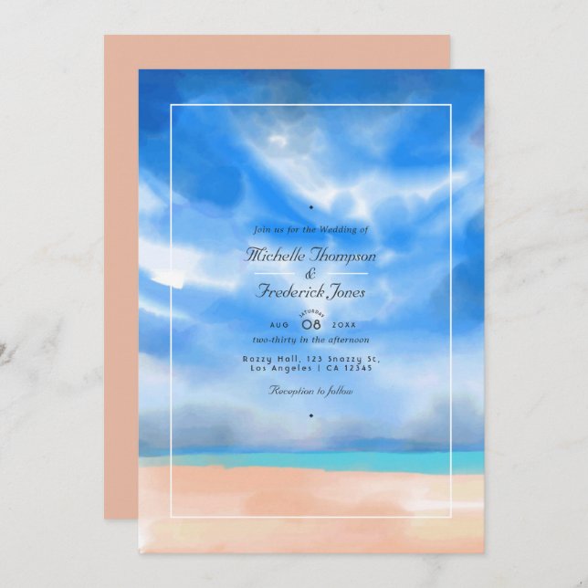 Watercolor Summer QR Code RSVP Beach Wedding Invitation (Front/Back)