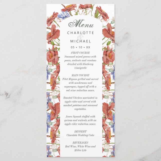 Watercolor summer wildflower wedding menu (Front)
