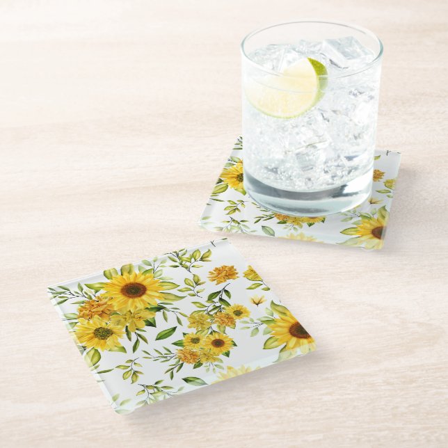 Watercolor Sunflower 8 Glass Coaster (Angled)