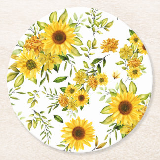 Watercolor Sunflower 8 Round Paper Coaster