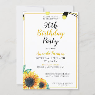 Watercolor Sunflower 90th Birthday Invitation