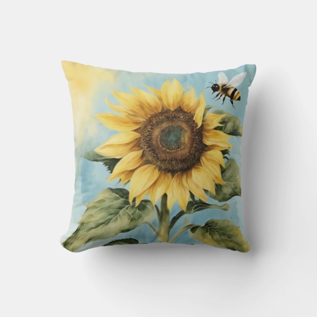 Watercolor Sunflower and Bee Cushion (Front)