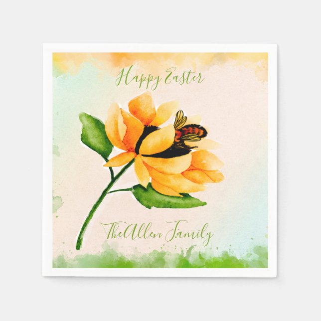 Watercolor Sunflower and Bee Easter Paper Napkin (Front)
