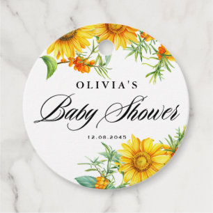 Watercolor Sunflower and Seabuckthorn Baby Shower Favour Tags
