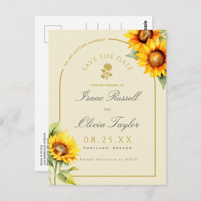 Watercolor Sunflower Arch Photo Save The Date Postcard (Front/Back)