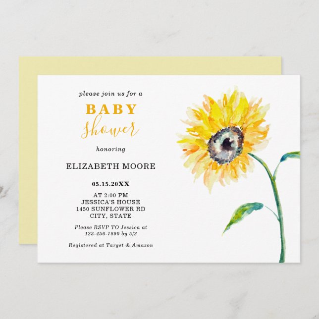 Watercolor sunflower Baby shower elegant simple Invitation (Front/Back)