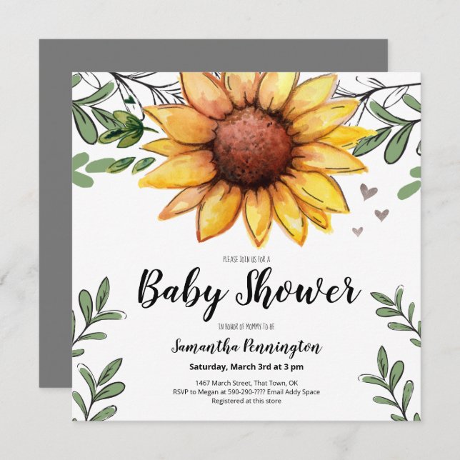 Watercolor Sunflower Baby Shower Party Invitation (Front/Back)