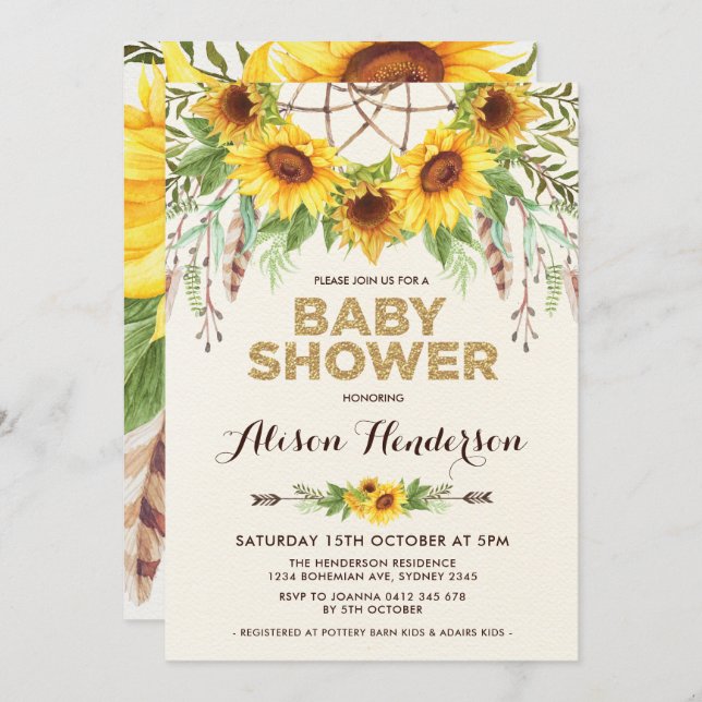 Watercolor Sunflower Baby Shower Rustic Bohemian Invitation (Front/Back)