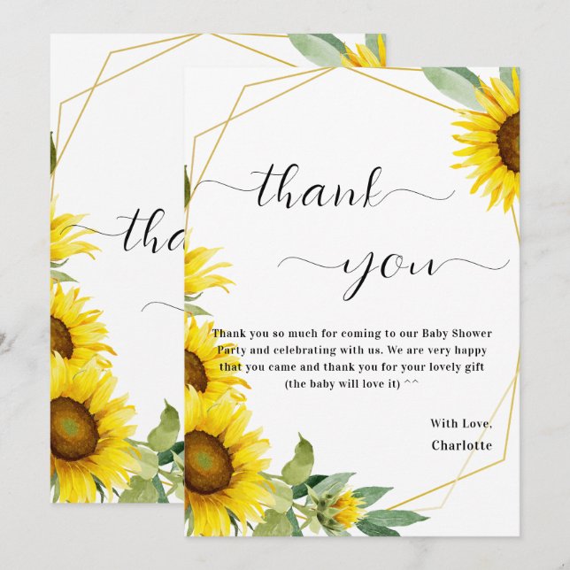 Watercolor Sunflower Baby Shower Thank You Card (Front/Back)