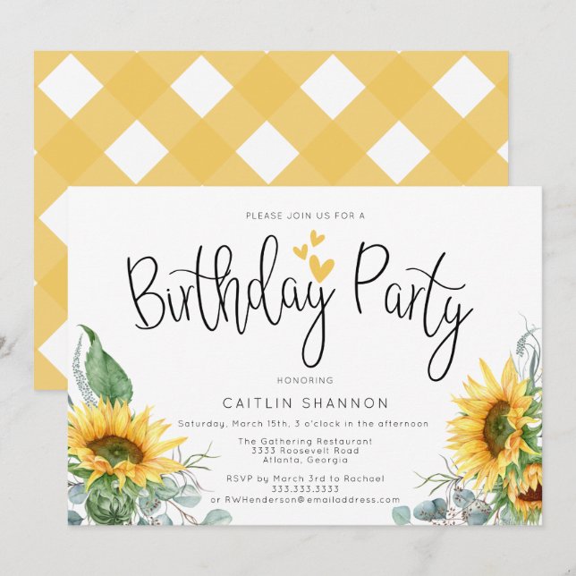 Watercolor Sunflower Birthday Party Invitation (Front/Back)