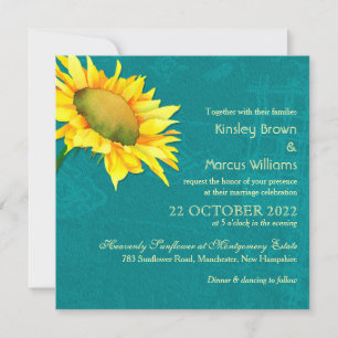 Watercolor Sunflower Blue Jade Wedding Invitation