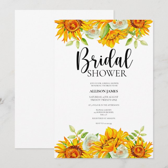 Watercolor Sunflower Bridal Shower Invitation (Front/Back)
