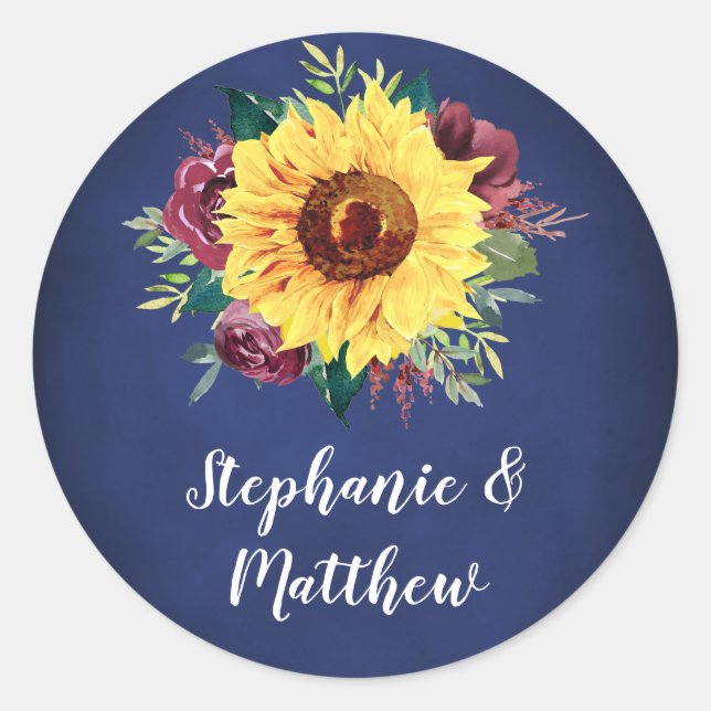 Watercolor Sunflower Burgundy Rose Navy Wedding Classic Round Sticker (Front)
