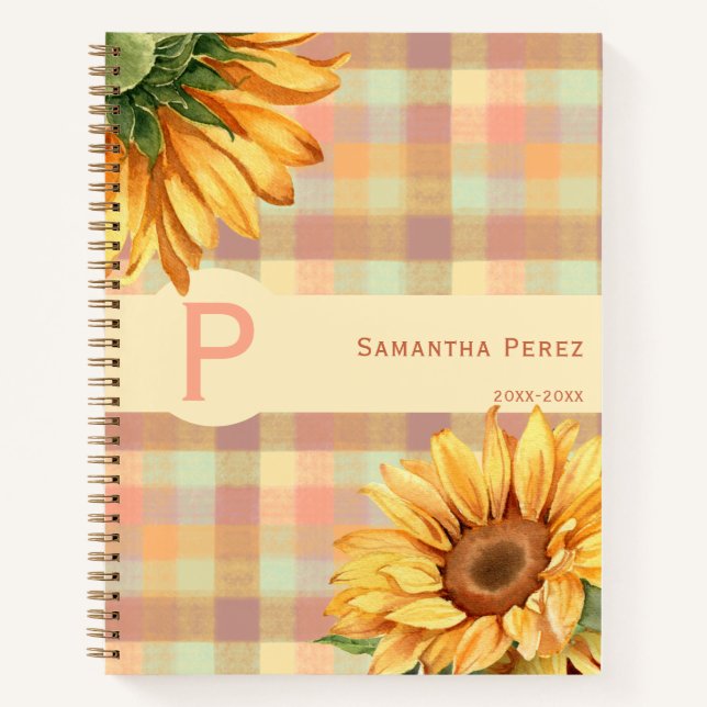 Watercolor Sunflower Country Plaid Monogram Notebook (Front)