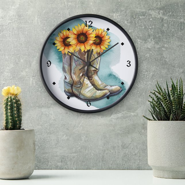 Watercolor Sunflower Cowgirl Boots Large Clock (Creator Uploaded)