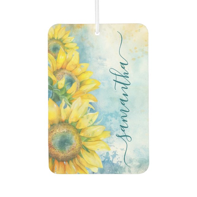 Watercolor Sunflower Dark Teal Girly Signature Car Air Freshener (Front)