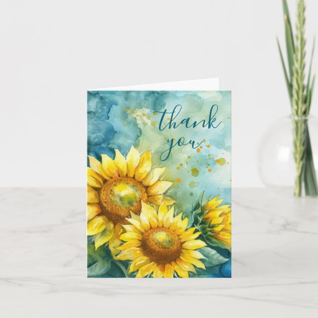 Watercolor Sunflower Dark Teal Thank You Card (Front)