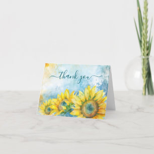 Watercolor Sunflower Dark Teal Thank You Card