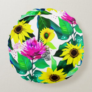 Watercolor Sunflower design Round Cushion