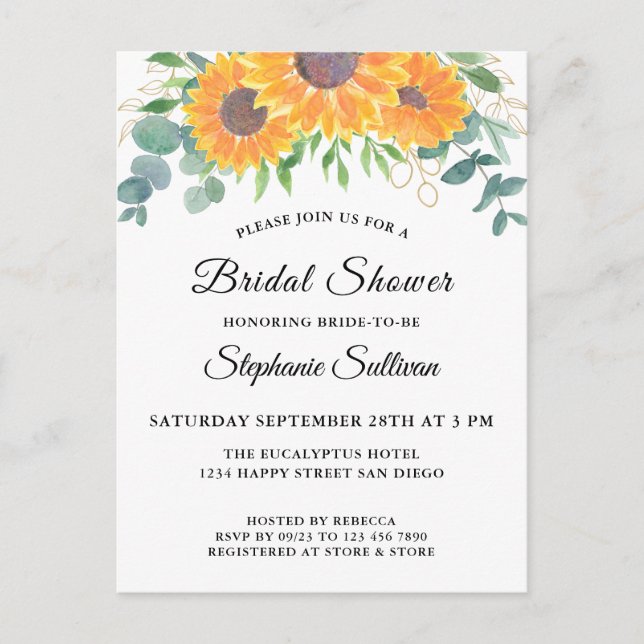 Watercolor Sunflower Eucalyptus  Invitation Postcard (Front)