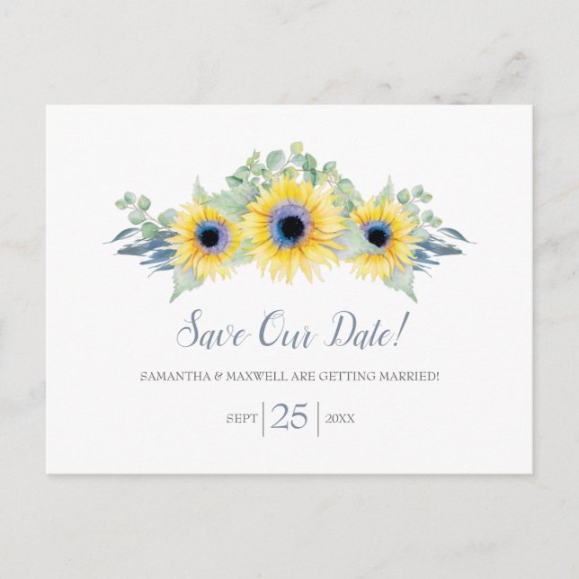 Watercolor Sunflower Eucalyptus Save The Date Postcard (Front)