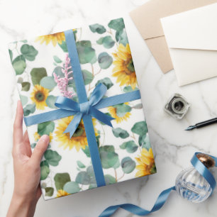Watercolor Sunflower & Eucalyptus Seamless Pattern Wrapping Paper