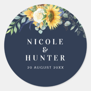 Watercolor sunflower eucalyptus wedding classic round sticker