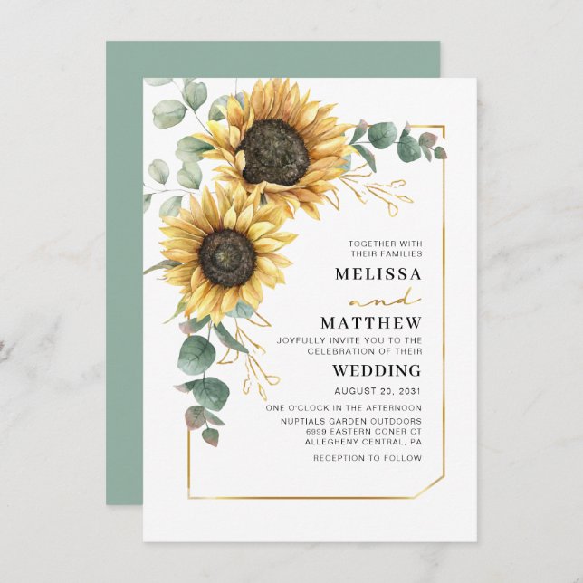 Watercolor Sunflower Eucalyptus Wedding Invitation (Front/Back)