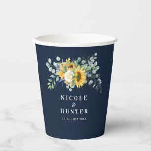Watercolor sunflower eucalyptus wedding paper cups