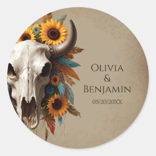 Watercolor Sunflower feather Cow Skull Wedding Classic Round Sticker