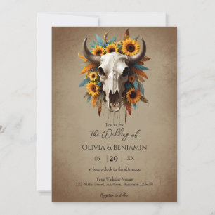 Watercolor Sunflower Feather Cow Skull Wedding Invitation