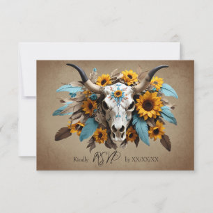 Watercolor Sunflower feather Cow Skull Wedding RSVP Card
