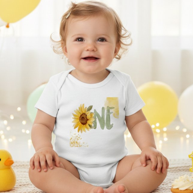 Watercolor sunflower first Birthday one  Baby Bodysuit (Creator Uploaded)