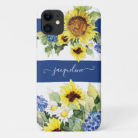 Watercolor Sunflower Floral Blue n White Striped
