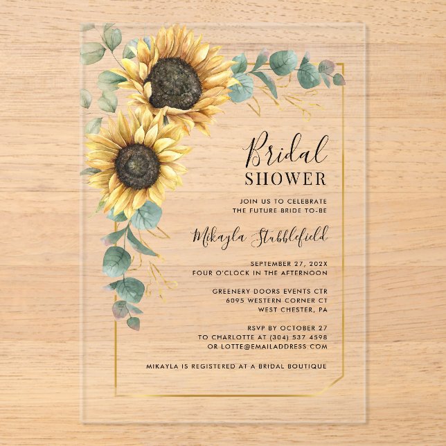 Watercolor Sunflower Floral Bridal Shower Acrylic Invitations (Front)