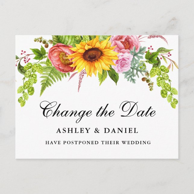 Watercolor Sunflower Floral Change The Date Postcard (Front)