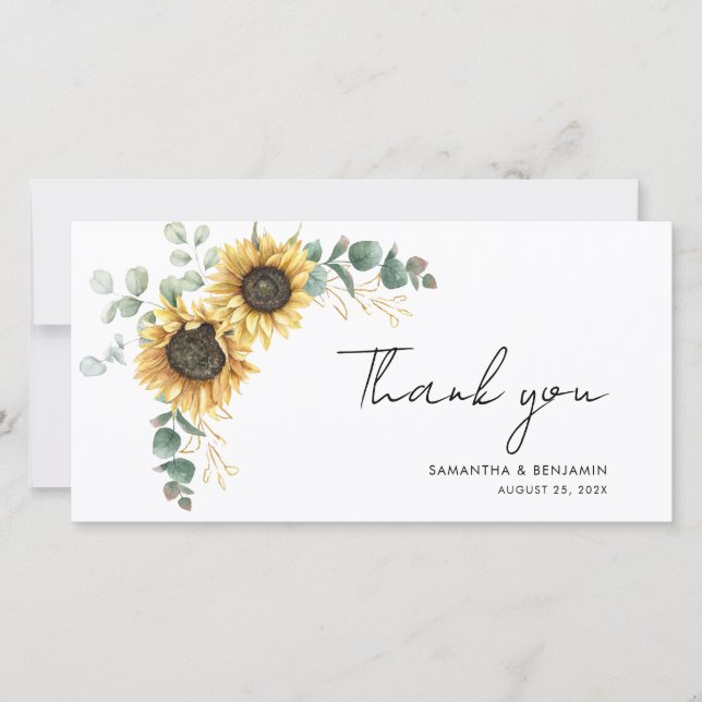Watercolor Sunflower Floral Eucalyptus Wedding Thank You Card (Front)