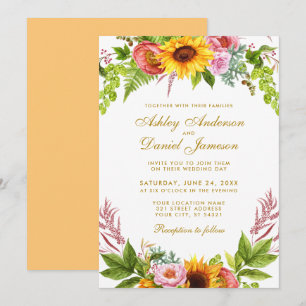 Watercolor Sunflower Floral Gold Wedding Invitation