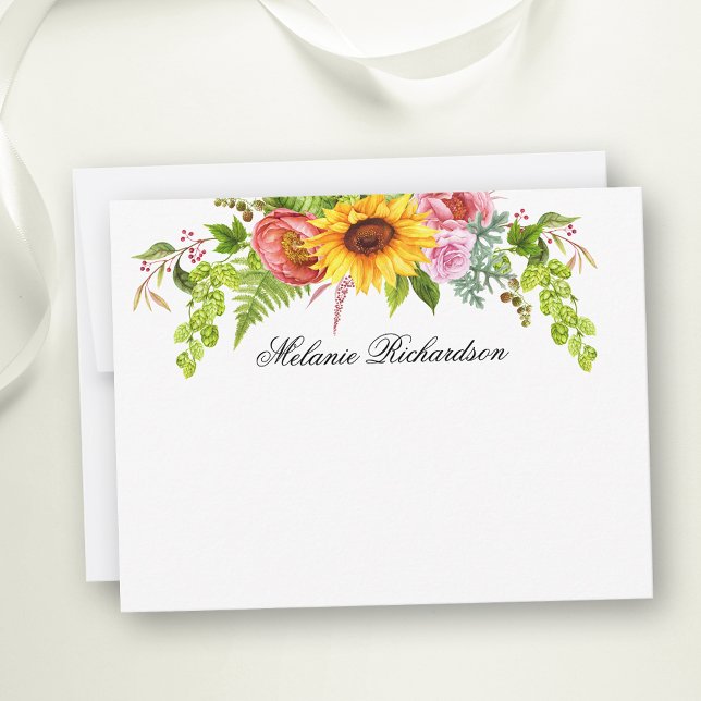 Watercolor Sunflower Floral Greenery Personalised Card (Customize to change text color,  text style or to add more text to back of card.)
