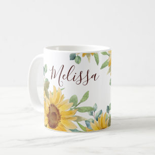 Watercolor Sunflower Floral Monogram Name   Coffee Mug