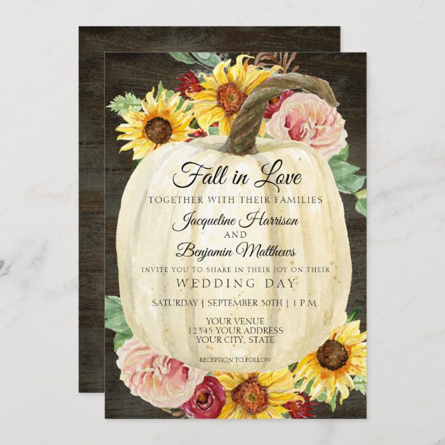 Watercolor Sunflower Floral n Pumpkin Dark Wood Invitation (Front/Back)