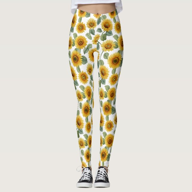 Watercolor Sunflower Floral Pattern Leggings (Front)