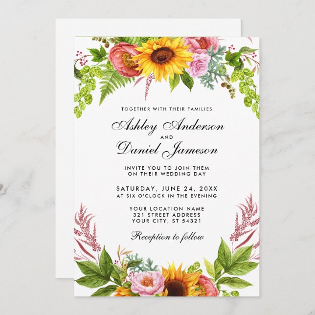 Watercolor Sunflower Floral Photo Wedding Invitation (Front/Back)