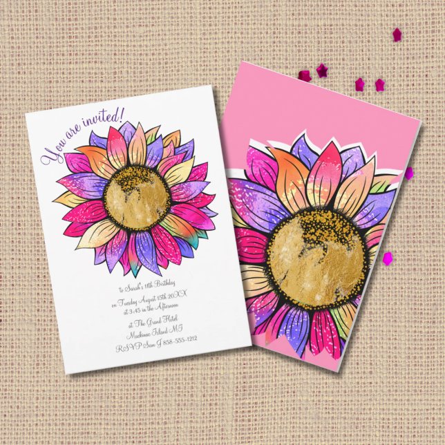 Watercolor Sunflower Floral Pink & Purple Birthday Invitation (Creator Uploaded)