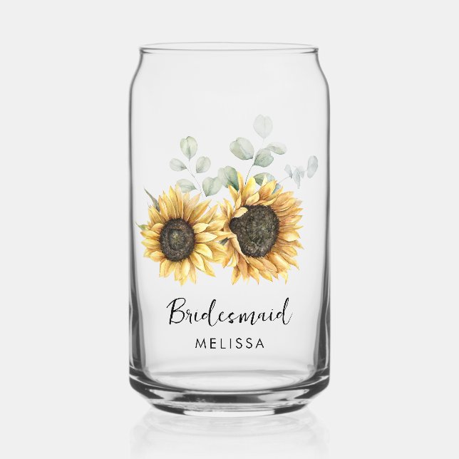 Watercolor Sunflower Floral Wedding Bridesmaid Can Glass (Front)
