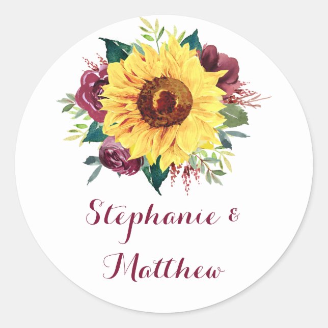 Watercolor Sunflower Floral Wedding Classic Round Sticker (Front)
