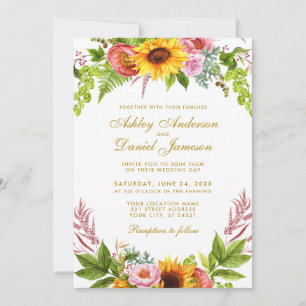 Watercolor Sunflower Floral Wedding Gold Invitation