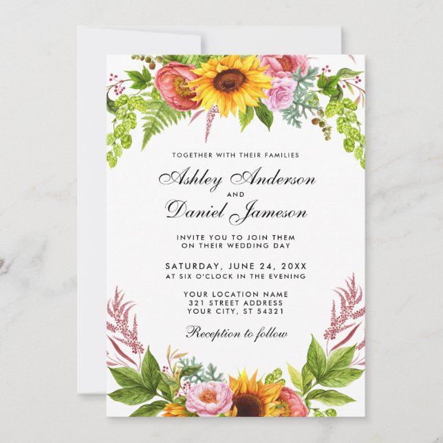 Watercolor Sunflower Floral Wedding Invitation (Front)